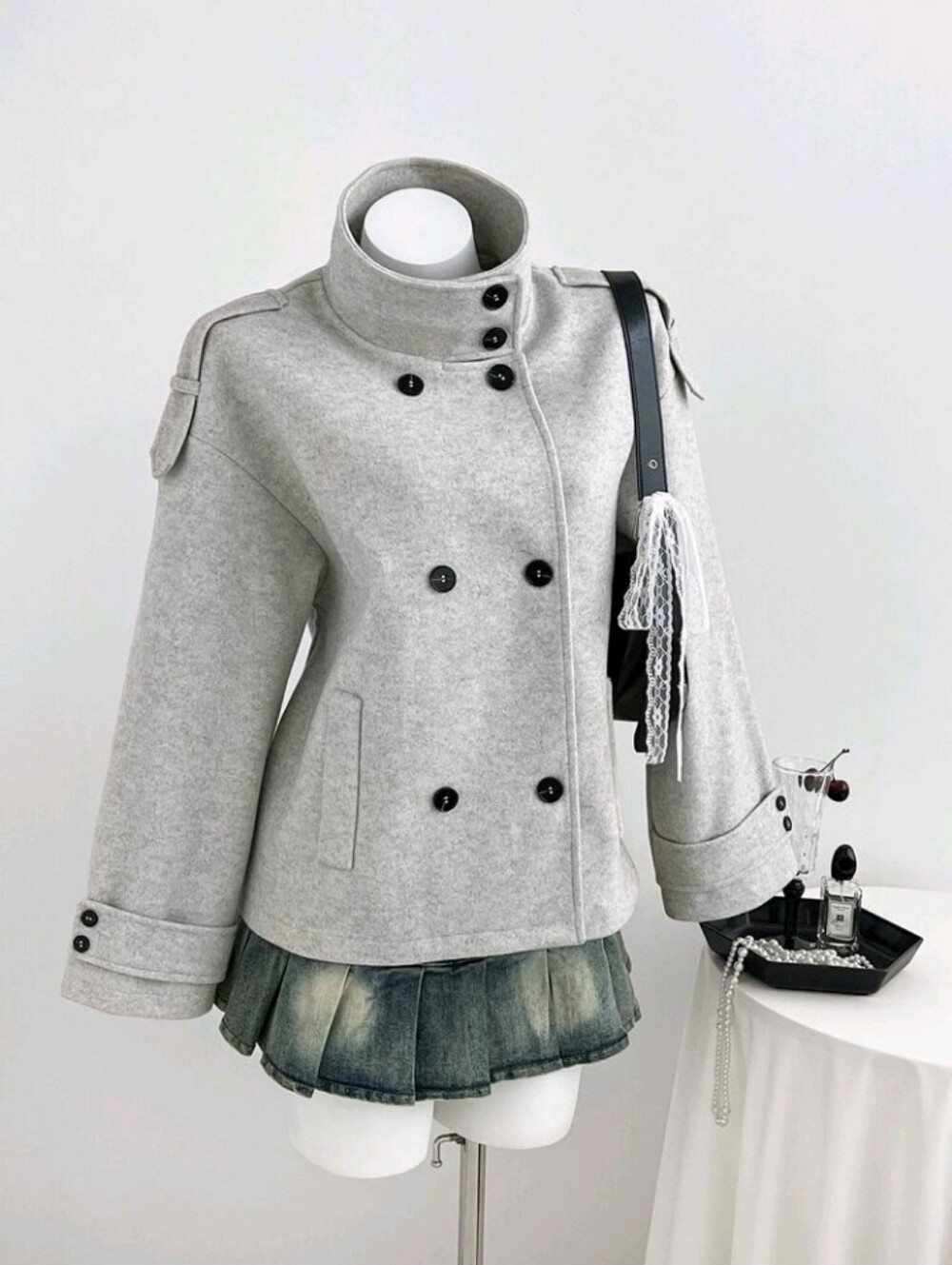 Elegant Stand Collar Double-Breasted Design Classic Grey French Minimalist